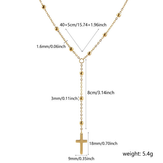Bild von 1 Strang Umweltfreundliche PVD-Vakuumbeschichtung Exquisit Religiös 18K Echtgold plattiert 304 Edelstahl Kreuz Gliederketten Kreuz Gebetsperlen Rosenkranz Halskette Unisex Geschenk 40cm + 5cm lang