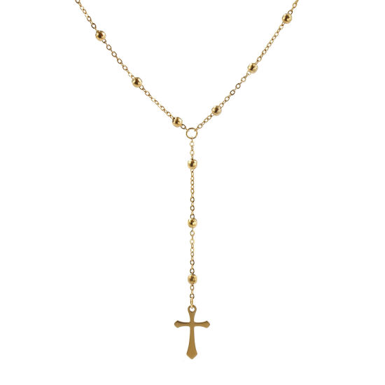 Bild von 1 Strang Umweltfreundliche PVD-Vakuumbeschichtung Exquisit Religiös 18K Echtgold plattiert 304 Edelstahl Kreuz Gliederketten Kreuz Gebetsperlen Rosenkranz Halskette Unisex Geschenk 40cm + 5cm lang