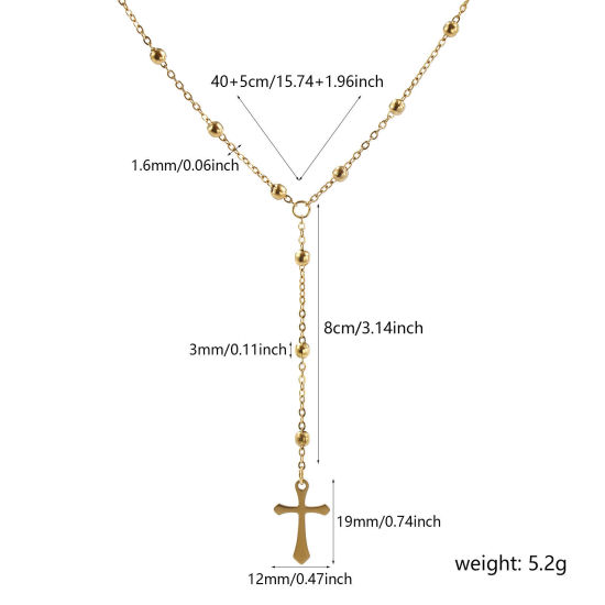 Bild von 1 Strang Umweltfreundliche PVD-Vakuumbeschichtung Exquisit Religiös 18K Echtgold plattiert 304 Edelstahl Kreuz Gliederketten Kreuz Gebetsperlen Rosenkranz Halskette Unisex Geschenk 40cm + 5cm lang