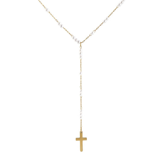 Bild von 1 Strang Umweltfreundliche PVD-Vakuumbeschichtung Exquisit Religiös 18K Echtgold plattiert 304 Edelstahl Kreuz Gliederketten Kreuz Imitat Perle Gebetsperlen Rosenkranz Halskette Unisex Geschenk 40cm + 5cm lang