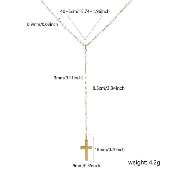 Bild von 1 Strang Umweltfreundliche PVD-Vakuumbeschichtung Exquisit Religiös 18K Echtgold plattiert 304 Edelstahl Kreuz Gliederketten Kreuz Imitat Perle Gebetsperlen Rosenkranz Halskette Unisex Geschenk 40cm + 5cm lang
