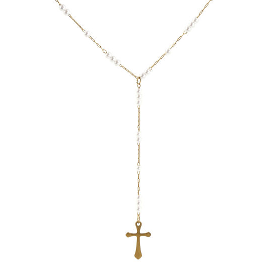 Bild von 1 Strang Umweltfreundliche PVD-Vakuumbeschichtung Exquisit Religiös 18K Echtgold plattiert 304 Edelstahl Kreuz Gliederketten Kreuz Imitat Perle Gebetsperlen Rosenkranz Halskette Unisex Geschenk 40cm + 5cm lang
