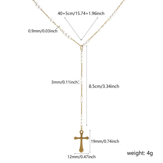 Bild von 1 Strang Umweltfreundliche PVD-Vakuumbeschichtung Exquisit Religiös 18K Echtgold plattiert 304 Edelstahl Kreuz Gliederketten Kreuz Imitat Perle Gebetsperlen Rosenkranz Halskette Unisex Geschenk 40cm + 5cm lang