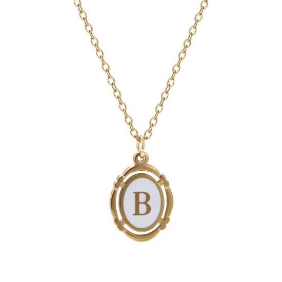 Picture of 1 Piece Eco-friendly PVD Vacuum Plating Stylish 18K Gold Plated White 304 Stainless Steel Link Cable Chain Oval Capital Alphabet Initial Letter Message " B " Enamel Pendant Charm Necklace Unisex 45cm(17.7") + 5cm(2") long