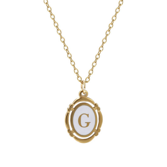 Picture of 1 Piece Eco-friendly PVD Vacuum Plating Stylish 18K Gold Plated White 304 Stainless Steel Link Cable Chain Oval Capital Alphabet Initial Letter Message " G " Enamel Pendant Charm Necklace Unisex 45cm(17.7") + 5cm(2") long