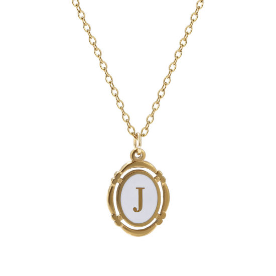 Picture of 1 Piece Eco-friendly PVD Vacuum Plating Stylish 18K Gold Plated White 304 Stainless Steel Link Cable Chain Oval Capital Alphabet Initial Letter Message " J " Enamel Pendant Charm Necklace Unisex 45cm(17.7") + 5cm(2") long