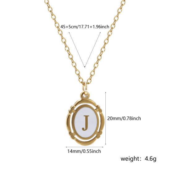 Picture of 1 Piece Eco-friendly PVD Vacuum Plating Stylish 18K Gold Plated White 304 Stainless Steel Link Cable Chain Oval Capital Alphabet Initial Letter Message " J " Enamel Pendant Charm Necklace Unisex 45cm(17.7") + 5cm(2") long