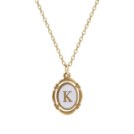 Picture of 1 Piece Eco-friendly PVD Vacuum Plating Stylish 18K Gold Plated White 304 Stainless Steel Link Cable Chain Oval Capital Alphabet Initial Letter Message " L " Enamel Pendant Charm Necklace Unisex 45cm(17.7") + 5cm(2") long