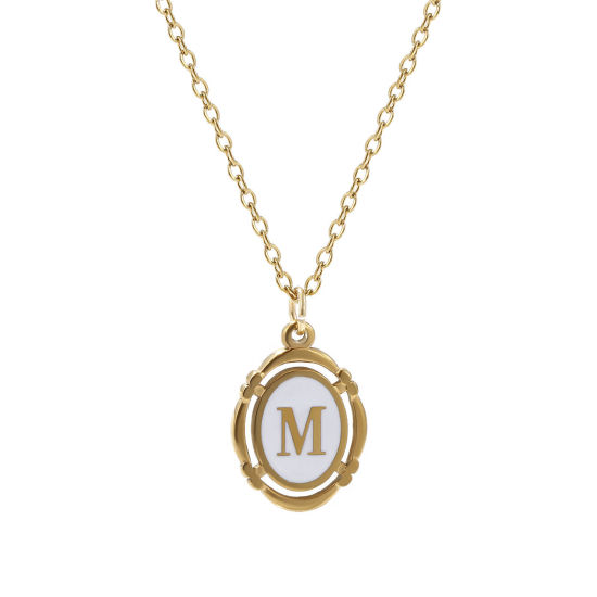 Picture of 1 Piece Eco-friendly PVD Vacuum Plating Stylish 18K Gold Plated White 304 Stainless Steel Link Cable Chain Oval Capital Alphabet Initial Letter Message " M " Enamel Pendant Charm Necklace Unisex 45cm(17.7") + 5cm(2") long