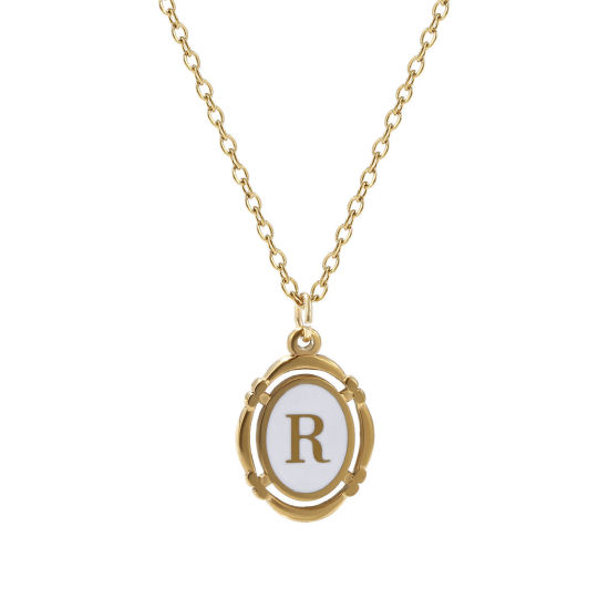 Picture of 1 Piece Eco-friendly PVD Vacuum Plating Stylish 18K Gold Plated White 304 Stainless Steel Link Cable Chain Oval Capital Alphabet Initial Letter Message " R " Enamel Pendant Charm Necklace Unisex 45cm(17.7") + 5cm(2") long