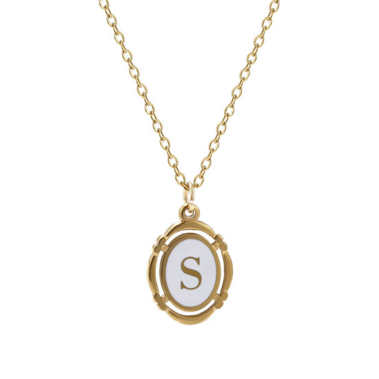 Picture of 1 Piece Eco-friendly PVD Vacuum Plating Stylish 18K Gold Plated White 304 Stainless Steel Link Cable Chain Oval Capital Alphabet Initial Letter Message " S " Enamel Pendant Charm Necklace Unisex 45cm(17.7") + 5cm(2") long