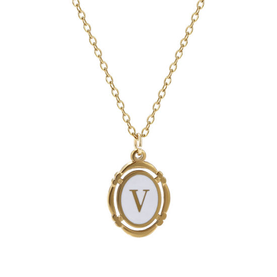 Picture of 1 Piece Eco-friendly PVD Vacuum Plating Stylish 18K Gold Plated White 304 Stainless Steel Link Cable Chain Oval Capital Alphabet Initial Letter Message " V " Enamel Pendant Charm Necklace Unisex 45cm(17.7") + 5cm(2") long