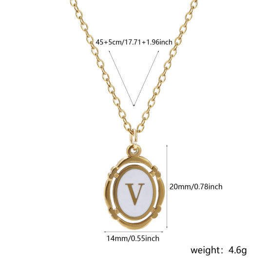 Picture of 1 Piece Eco-friendly PVD Vacuum Plating Stylish 18K Gold Plated White 304 Stainless Steel Link Cable Chain Oval Capital Alphabet Initial Letter Message " V " Enamel Pendant Charm Necklace Unisex 45cm(17.7") + 5cm(2") long