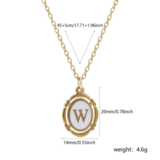 Picture of 1 Piece Eco-friendly PVD Vacuum Plating Stylish 18K Gold Plated White 304 Stainless Steel Link Cable Chain Oval Capital Alphabet Initial Letter Message " W " Enamel Pendant Charm Necklace Unisex 45cm(17.7") + 5cm(2") long