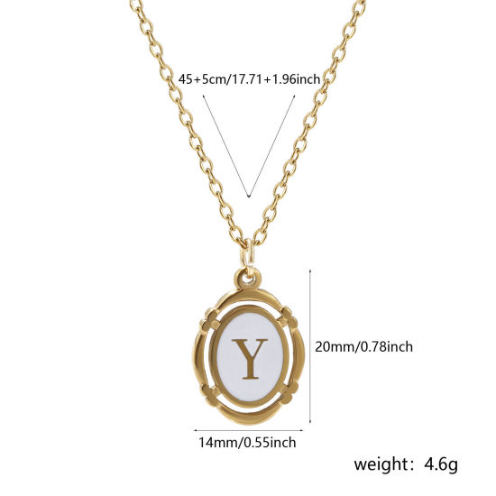 Picture of 1 Piece Eco-friendly PVD Vacuum Plating Stylish 18K Gold Plated White 304 Stainless Steel Link Cable Chain Oval Capital Alphabet Initial Letter Message " Y " Enamel Pendant Charm Necklace Unisex 45cm(17.7") + 5cm(2") long
