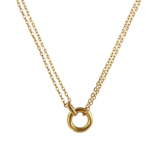 Изображение 1 Piece Eco-friendly PVD Vacuum Plating Minimalist 18K Real Gold Plated 304 Stainless Steel Link Cable Chain Circle Ring Pendant Charm Necklace For Women Gift 42cm(16.5") + 8cm(3.1") long
