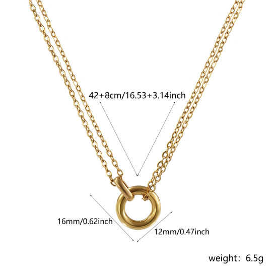Изображение 1 Piece Eco-friendly PVD Vacuum Plating Minimalist 18K Real Gold Plated 304 Stainless Steel Link Cable Chain Circle Ring Pendant Charm Necklace For Women Gift 42cm(16.5") + 8cm(3.1") long