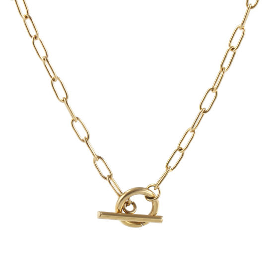 Picture of 1 Piece Eco-friendly PVD Vacuum Plating Minimalist 18K Real Gold Plated 304 Stainless Steel Paperclip Link Chain With Toggle Clasp Necklace Unisex Gift 45cm(17.7") long