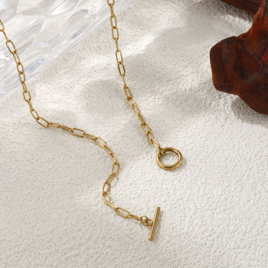 Picture of 1 Piece Eco-friendly PVD Vacuum Plating Minimalist 18K Real Gold Plated 304 Stainless Steel Paperclip Link Chain With Toggle Clasp Necklace Unisex Gift 45cm(17.7") long