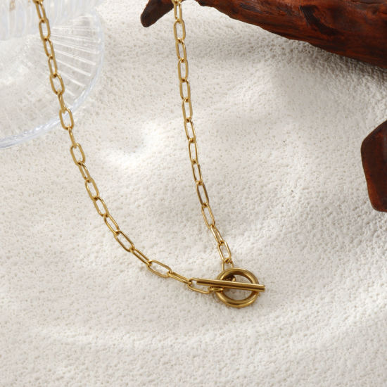 Picture of 1 Piece Eco-friendly PVD Vacuum Plating Minimalist 18K Real Gold Plated 304 Stainless Steel Paperclip Link Chain With Toggle Clasp Necklace Unisex Gift 45cm(17.7") long
