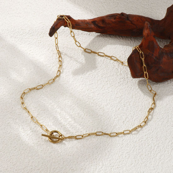 Picture of 1 Piece Eco-friendly PVD Vacuum Plating Minimalist 18K Real Gold Plated 304 Stainless Steel Paperclip Link Chain With Toggle Clasp Necklace Unisex Gift 45cm(17.7") long