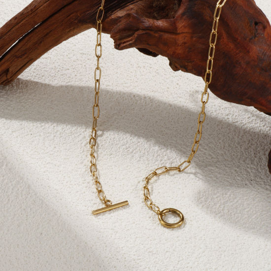 Picture of 1 Piece Eco-friendly PVD Vacuum Plating Minimalist 18K Real Gold Plated 304 Stainless Steel Paperclip Link Chain With Toggle Clasp Necklace Unisex Gift 45cm(17.7") long