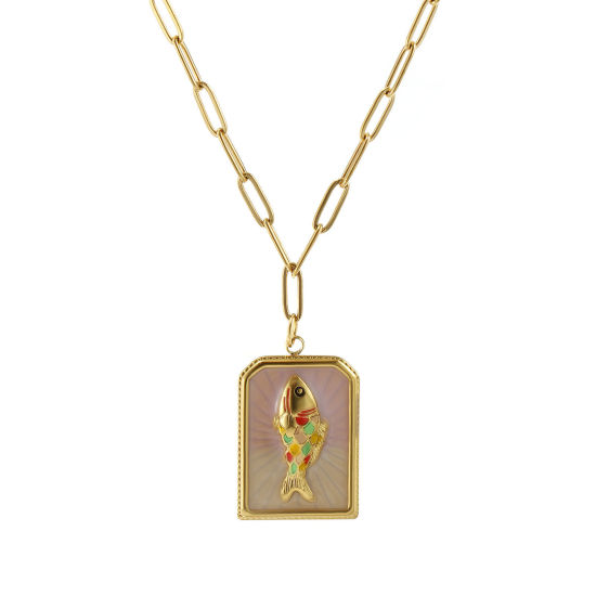 Bild von 1 Strang Umweltfreundliche PVD-Vakuumbeschichtung Exquisit Ozean Schmuck 18K Echtgold plattiert Beige 304 Edelstahl Büroklammerkette Rechteck Fisch Anhänger Halskette Für Frauen Geschenk 42cm + 5cm lang