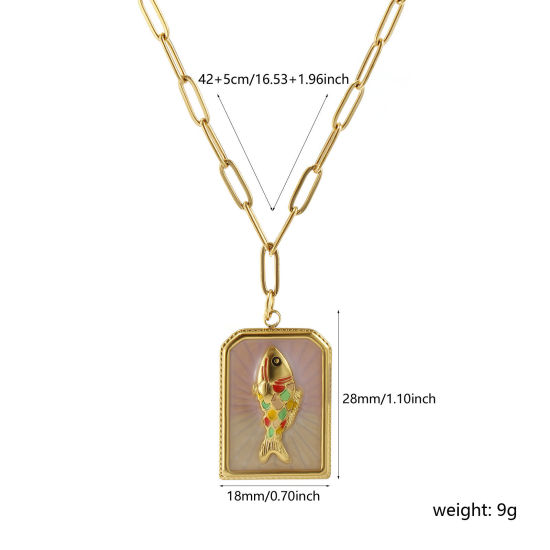 Bild von 1 Strang Umweltfreundliche PVD-Vakuumbeschichtung Exquisit Ozean Schmuck 18K Echtgold plattiert Beige 304 Edelstahl Büroklammerkette Rechteck Fisch Anhänger Halskette Für Frauen Geschenk 42cm + 5cm lang