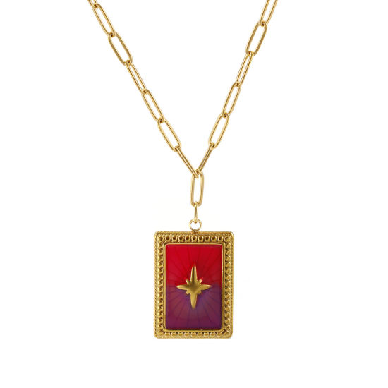 Bild von 1 Strang Umweltfreundliche PVD-Vakuumbeschichtung Exquisit Galaxis 18K Echtgold plattiert Fuchsie 304 Edelstahl Büroklammerkette Rechteck Stern Anhänger Halskette Für Frauen Geschenk 42cm + 5cm lang