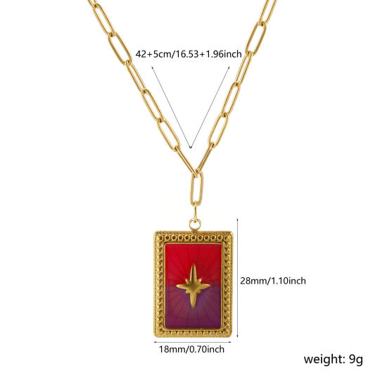 Bild von 1 Strang Umweltfreundliche PVD-Vakuumbeschichtung Exquisit Galaxis 18K Echtgold plattiert Fuchsie 304 Edelstahl Büroklammerkette Rechteck Stern Anhänger Halskette Für Frauen Geschenk 42cm + 5cm lang