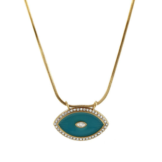 Bild von 1 Strang Umweltfreundliche PVD-Vakuumbeschichtung Exquisit 18K Echtgold plattiert Pfau Grün 304 Edelstahl & Zirkon Schlangenkette Auge Anhänger Halskette Für Frauen Geschenk 45cm lang