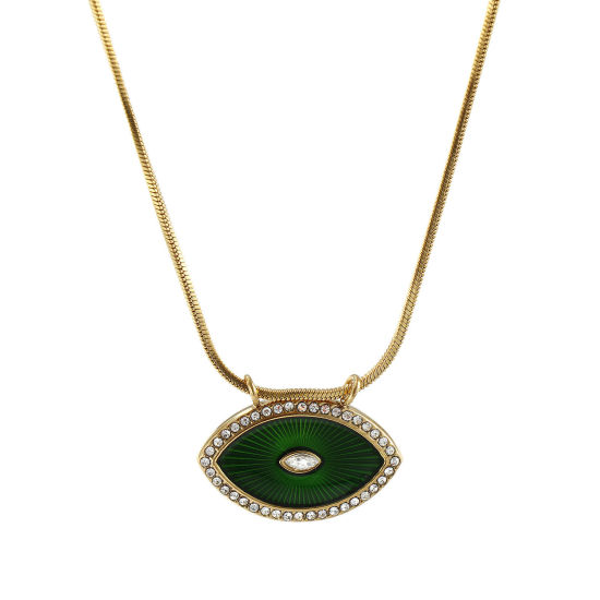 Bild von 1 Strang Umweltfreundliche PVD-Vakuumbeschichtung Exquisit 18K Echtgold plattiert Grün 304 Edelstahl & Zirkon Schlangenkette Auge Anhänger Halskette Für Frauen Geschenk 45cm lang