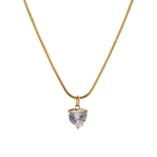 Immagine di 1 Piece Eco-friendly PVD Vacuum Plating Stylish Geometric 18K Real Gold Plated Transparent Clear 304 Stainless Steel & Cubic Zirconia Snake Chain Heart Pendant Charm Necklace For Women Gift 45cm(17.7") long