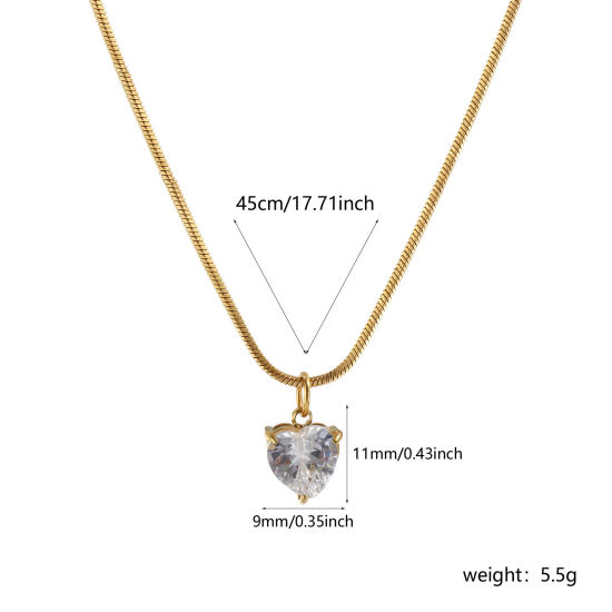 Immagine di 1 Piece Eco-friendly PVD Vacuum Plating Stylish Geometric 18K Real Gold Plated Transparent Clear 304 Stainless Steel & Cubic Zirconia Snake Chain Heart Pendant Charm Necklace For Women Gift 45cm(17.7") long