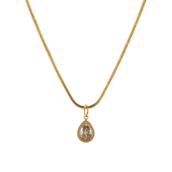 Immagine di 1 Piece Eco-friendly PVD Vacuum Plating Stylish Geometric 18K Real Gold Plated Transparent Clear 304 Stainless Steel & Cubic Zirconia Snake Chain Drop Pendant Charm Necklace For Women Gift 45cm(17.7") long