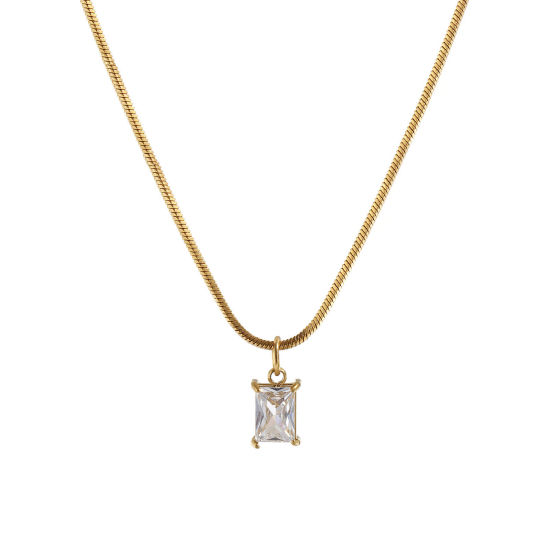 Immagine di 1 Piece Eco-friendly PVD Vacuum Plating Stylish Geometric 18K Real Gold Plated Transparent Clear 304 Stainless Steel & Cubic Zirconia Snake Chain Rectangle Pendant Charm Necklace For Women Gift 45cm(17.7") long
