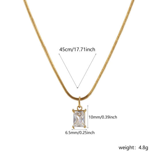 Immagine di 1 Piece Eco-friendly PVD Vacuum Plating Stylish Geometric 18K Real Gold Plated Transparent Clear 304 Stainless Steel & Cubic Zirconia Snake Chain Rectangle Pendant Charm Necklace For Women Gift 45cm(17.7") long