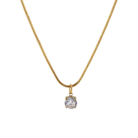Immagine di 1 Piece Eco-friendly PVD Vacuum Plating Stylish Geometric 18K Real Gold Plated Transparent Clear 304 Stainless Steel & Cubic Zirconia Snake Chain Round Pendant Charm Necklace For Women Gift 45cm(17.7") long