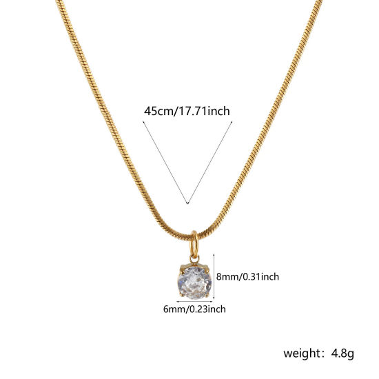 Immagine di 1 Piece Eco-friendly PVD Vacuum Plating Stylish Geometric 18K Real Gold Plated Transparent Clear 304 Stainless Steel & Cubic Zirconia Snake Chain Round Pendant Charm Necklace For Women Gift 45cm(17.7") long