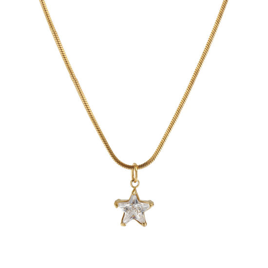 Immagine di 1 Piece Eco-friendly PVD Vacuum Plating Stylish Geometric 18K Real Gold Plated Transparent Clear 304 Stainless Steel & Cubic Zirconia Snake Chain Pentagram Star Pendant Charm Necklace For Women Gift 45cm(17.7") long