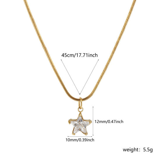 Immagine di 1 Piece Eco-friendly PVD Vacuum Plating Stylish Geometric 18K Real Gold Plated Transparent Clear 304 Stainless Steel & Cubic Zirconia Snake Chain Pentagram Star Pendant Charm Necklace For Women Gift 45cm(17.7") long
