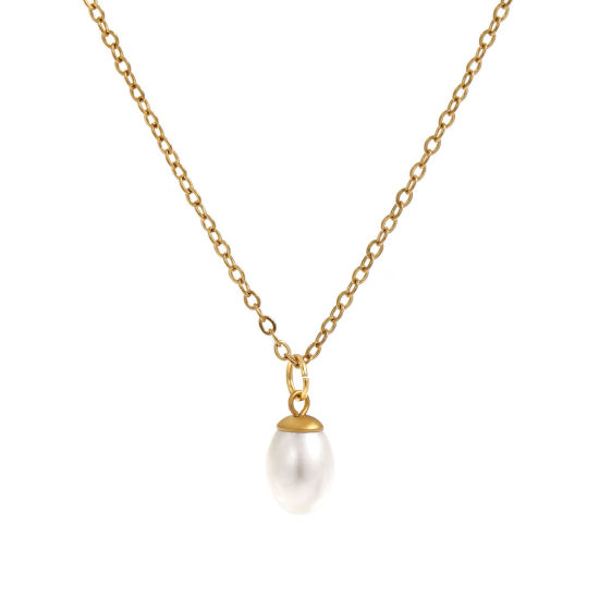 Picture of 18K Real Gold Plated Link Cable Chain Oval Pendant Charm Necklace, 304 Stainless Steel & Natural Pearl 45cm(17.7") + 5cm(2"), For Women, Minimalist Elegant Gift, Eco-friendly PVD Vacuum Plating, 1 Piece