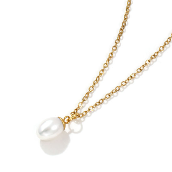 Picture of 18K Real Gold Plated Link Cable Chain Oval Pendant Charm Necklace, 304 Stainless Steel & Natural Pearl 45cm(17.7") + 5cm(2"), For Women, Minimalist Elegant Gift, Eco-friendly PVD Vacuum Plating, 1 Piece