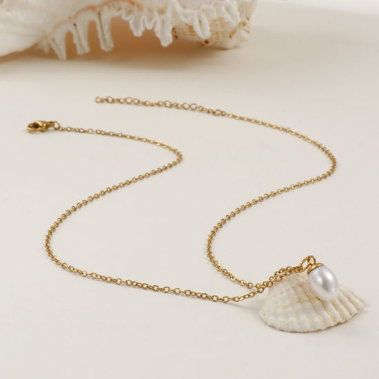 Picture of 18K Real Gold Plated Link Cable Chain Oval Pendant Charm Necklace, 304 Stainless Steel & Natural Pearl 45cm(17.7") + 5cm(2"), For Women, Minimalist Elegant Gift, Eco-friendly PVD Vacuum Plating, 1 Piece