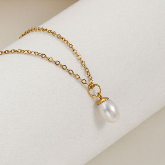 Picture of 18K Real Gold Plated Link Cable Chain Oval Pendant Charm Necklace, 304 Stainless Steel & Natural Pearl 45cm(17.7") + 5cm(2"), For Women, Minimalist Elegant Gift, Eco-friendly PVD Vacuum Plating, 1 Piece