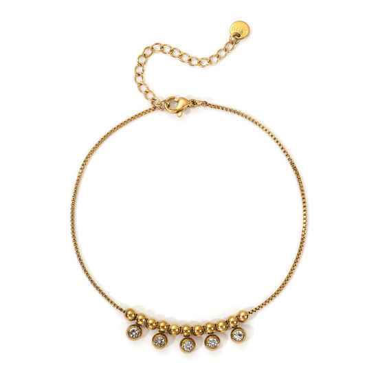 Immagine di 1 Pz Placcatura Sottovuoto PVD Ecologica Elegante 18K Vero Oro Placcato Trasparente 304 Acciaio Inossidabile & Strass Catena a Casella Cavigliera con Ciondoli Per Donne Regalo 22cm Lunghezza