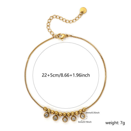 Immagine di 1 Pz Placcatura Sottovuoto PVD Ecologica Elegante 18K Vero Oro Placcato Trasparente 304 Acciaio Inossidabile & Strass Catena a Casella Cavigliera con Ciondoli Per Donne Regalo 22cm Lunghezza