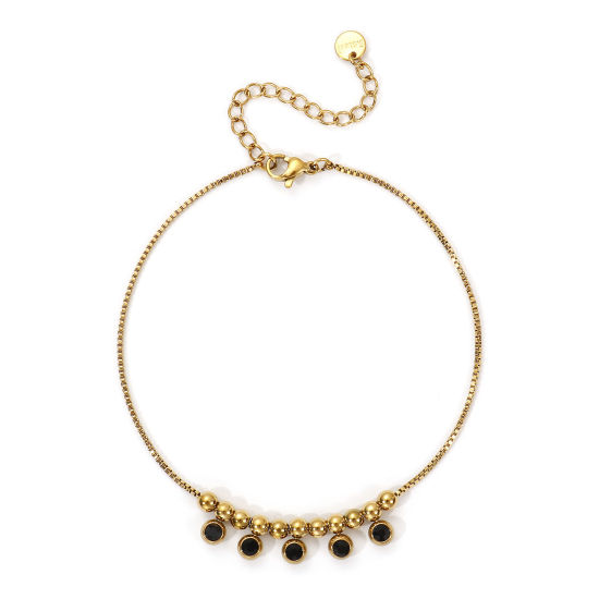 Immagine di 1 Pz Placcatura Sottovuoto PVD Ecologica Elegante 18K Vero Oro Placcato Nero 304 Acciaio Inossidabile & Strass Catena a Casella Cavigliera con Ciondoli Per Donne Regalo 22cm Lunghezza