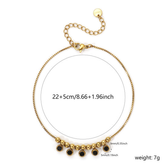 Immagine di 1 Pz Placcatura Sottovuoto PVD Ecologica Elegante 18K Vero Oro Placcato Nero 304 Acciaio Inossidabile & Strass Catena a Casella Cavigliera con Ciondoli Per Donne Regalo 22cm Lunghezza