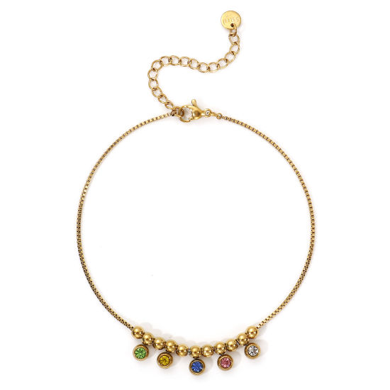 Immagine di 1 Pz Placcatura Sottovuoto PVD Ecologica Elegante 18K Vero Oro Placcato Multicolore 304 Acciaio Inossidabile & Strass Catena a Casella Cavigliera con Ciondoli Per Donne Regalo 22cm Lunghezza